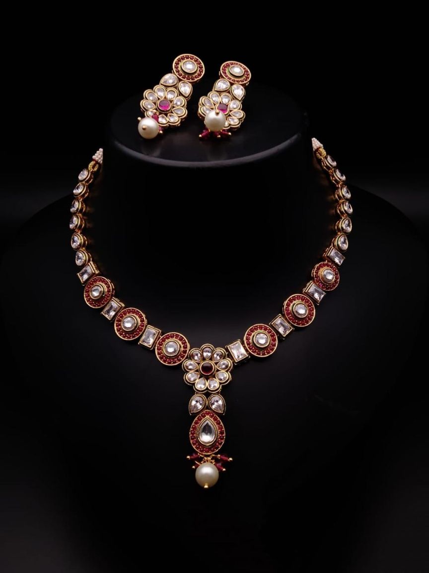 NECKLASE SET IN POLKI (GOLD POLISH) STYLE | DESIGN - 18255