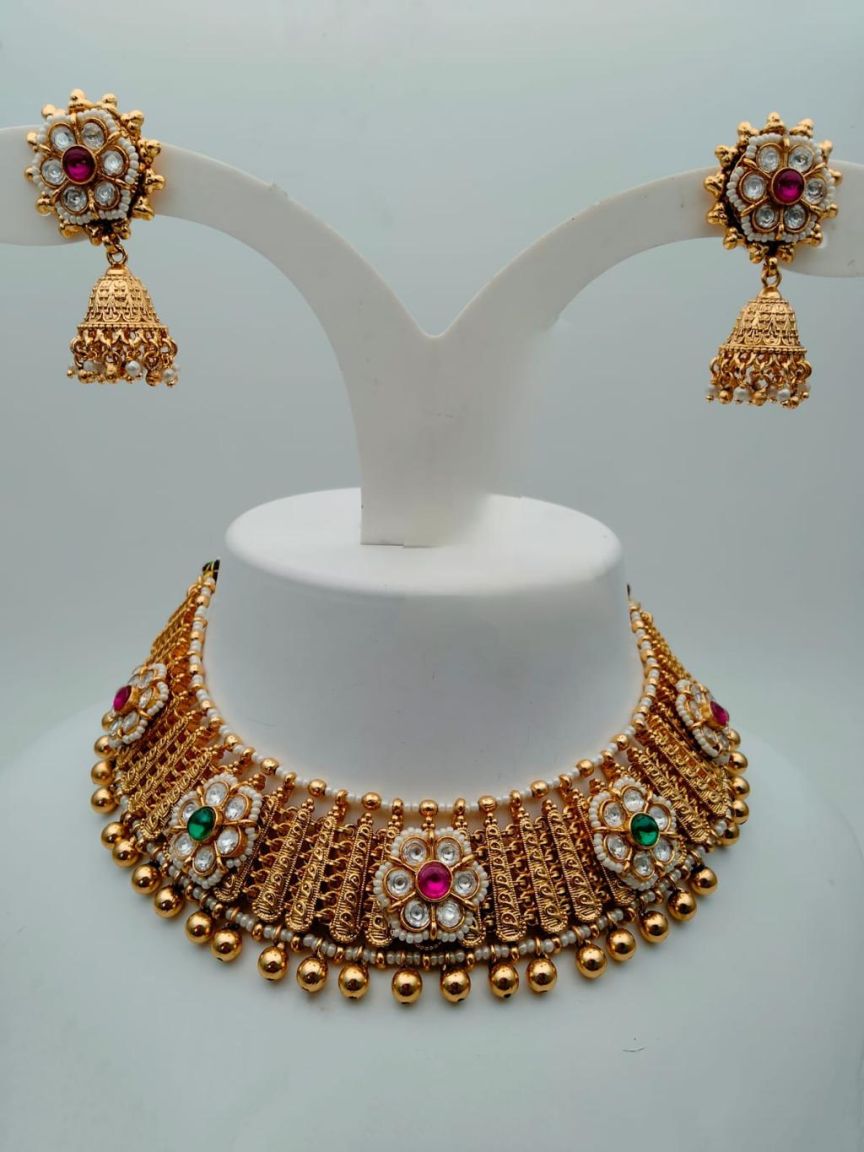 NECKLASE SET IN POLKI (GOLD POLISH) STYLE | DESIGN - 18260