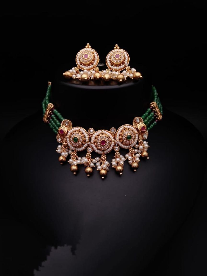 NECKLASE SET IN POLKI (GOLD POLISH) STYLE | DESIGN - 18288