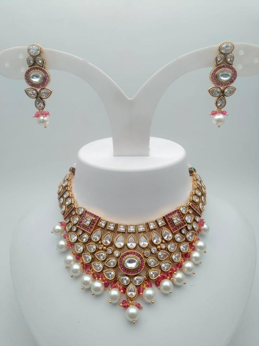 NECKLASE SET IN POLKI (GOLD POLISH) STYLE | DESIGN - 18298