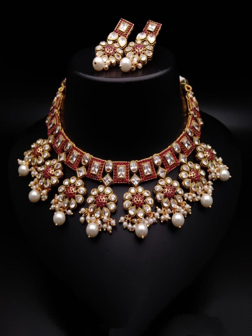 NECKLASE SET IN POLKI (GOLD POLISH) STYLE | DESIGN - 18311