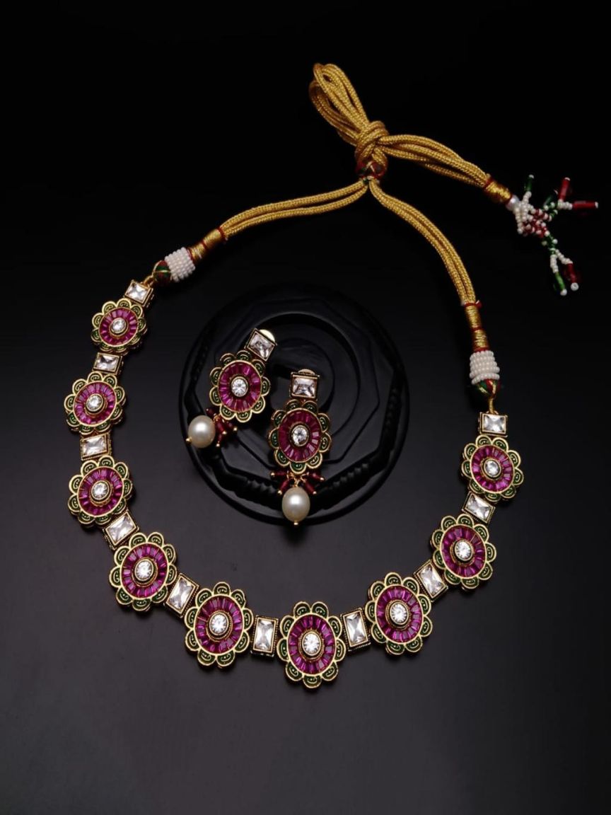 NECKLASE SET IN POLKI (GOLD POLISH) STYLE | DESIGN - 18312