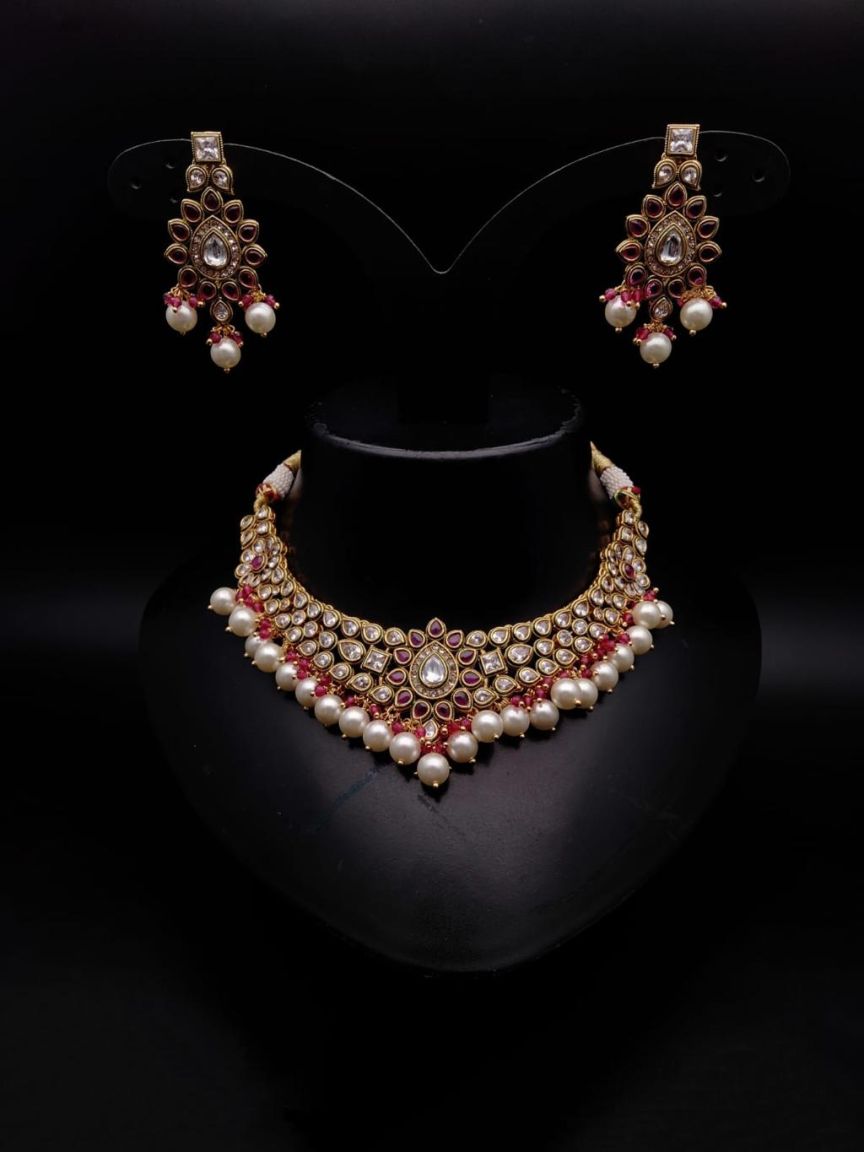 NECKLASE SET IN POLKI (GOLD POLISH) STYLE | DESIGN - 18317