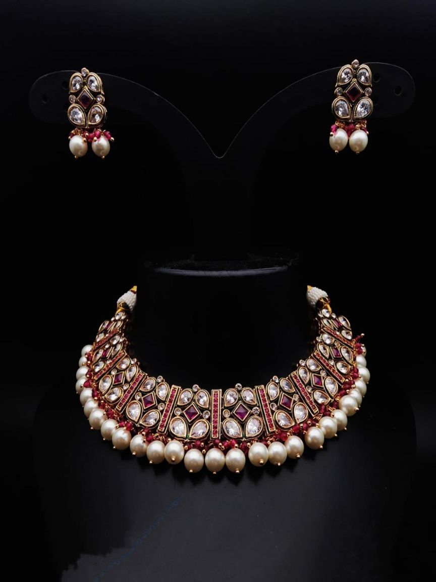 NECKLASE SET IN POLKI (GOLD POLISH) STYLE | DESIGN - 18319