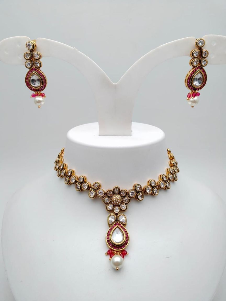 NECKLASE SET IN POLKI (GOLD POLISH) STYLE | DESIGN - 18335