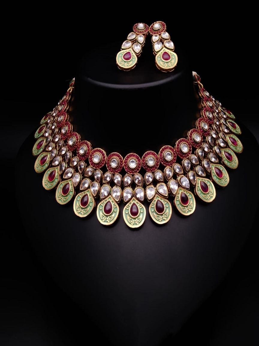NECKLASE SET IN POLKI (GOLD POLISH) STYLE | DESIGN - 18337