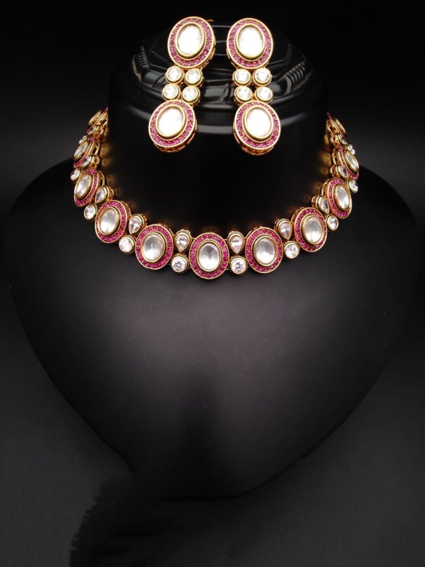NECKLASE SET IN POLKI (GOLD POLISH) STYLE | DESIGN - 18338