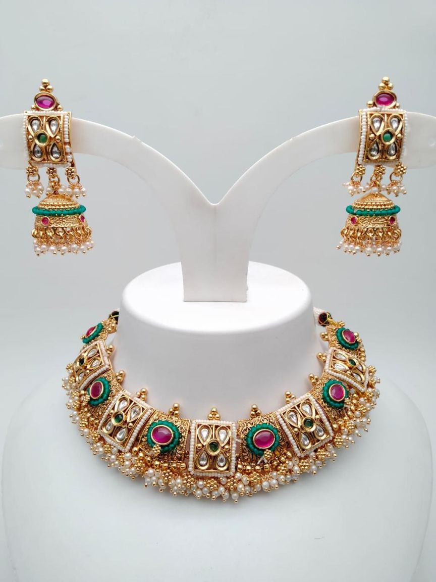 NECKLASE SET IN POLKI (GOLD POLISH) STYLE | DESIGN - 18342