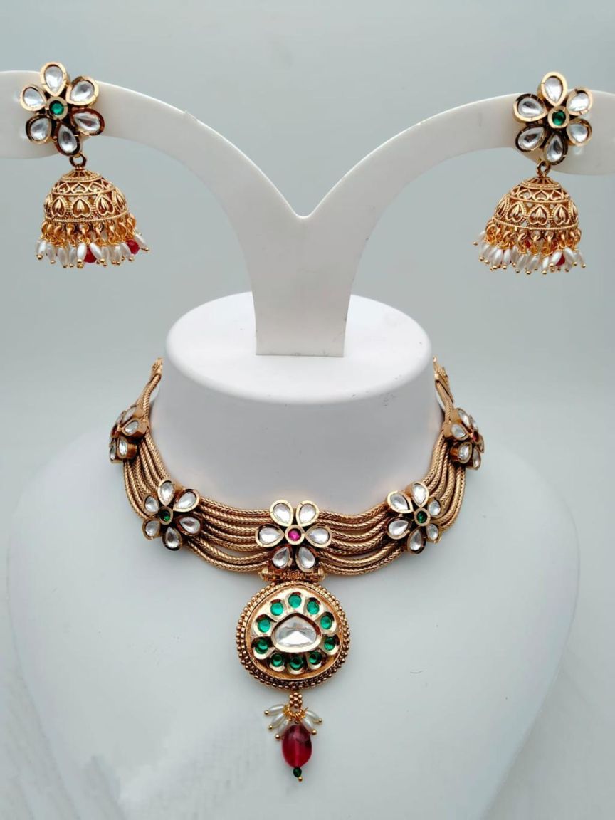 NECKLASE SET IN POLKI (GOLD POLISH) STYLE | DESIGN - 18344