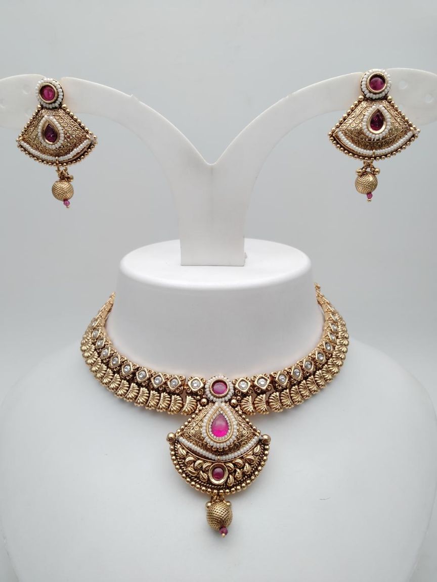 NECKLASE SET IN POLKI (GOLD POLISH) STYLE | DESIGN - 18345