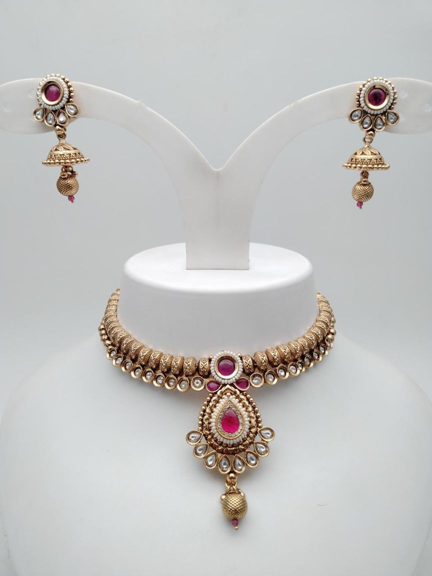 NECKLASE SET IN POLKI (GOLD POLISH) STYLE | DESIGN - 18346