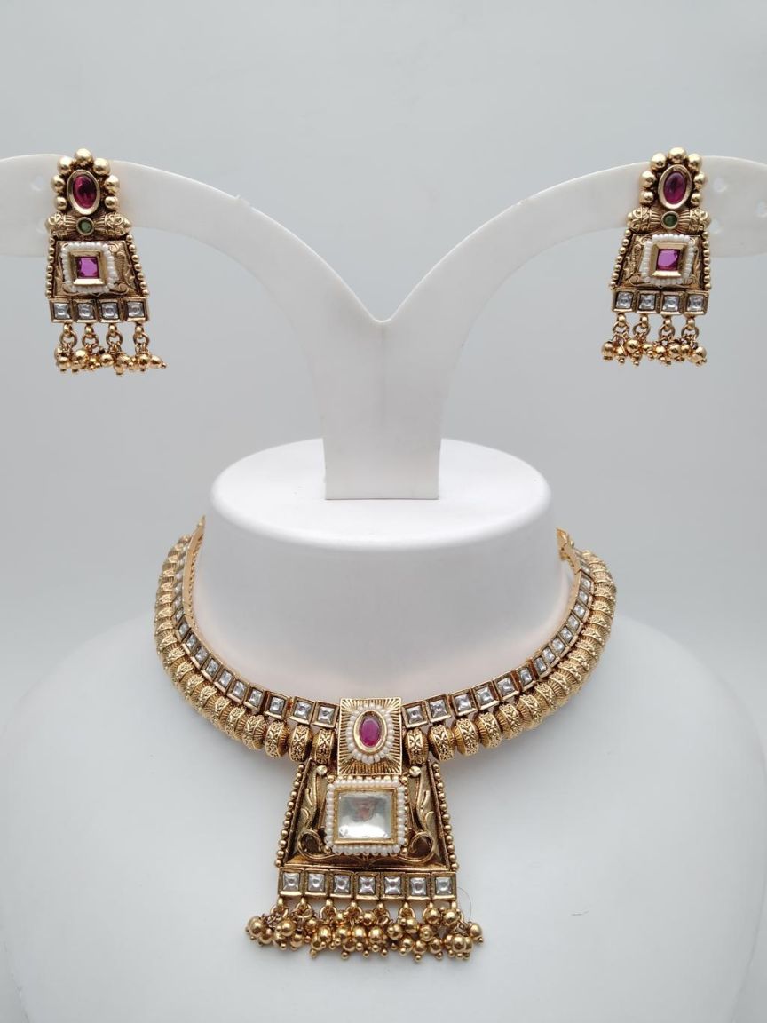 NECKLASE SET IN POLKI (GOLD POLISH) STYLE | DESIGN - 18347