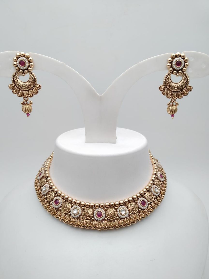 NECKLASE SET IN POLKI (GOLD POLISH) STYLE | DESIGN - 18348