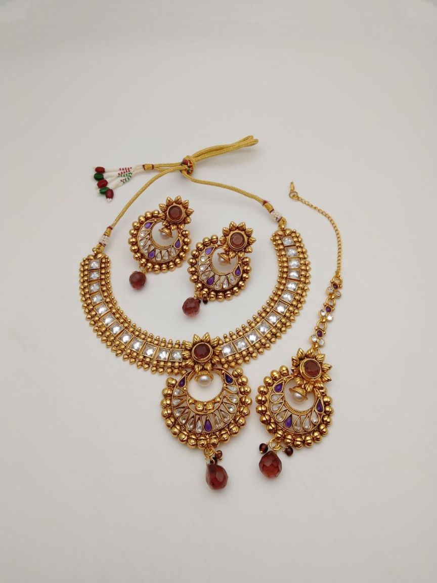 NECKLASE SET IN POLKI (GOLD POLISH) STYLE | DESIGN - 18361