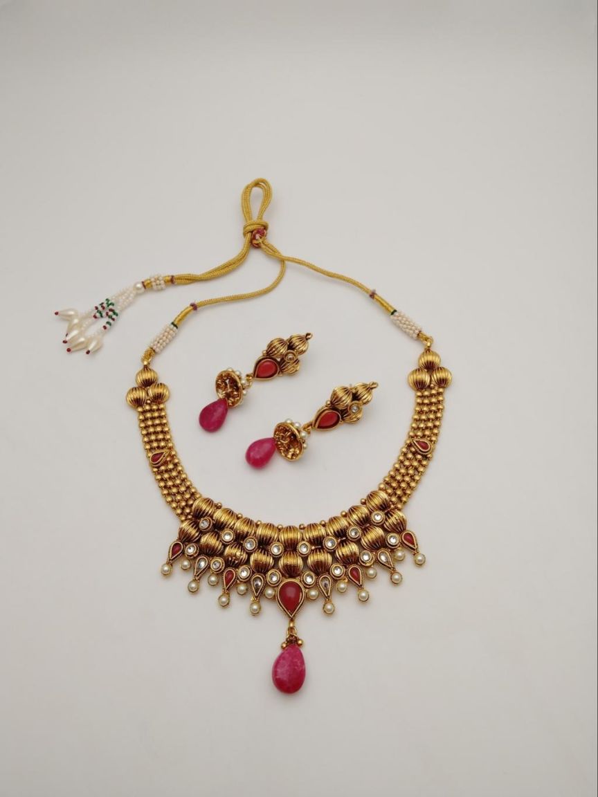 NECKLASE SET IN POLKI (GOLD POLISH) STYLE | DESIGN - 18374
