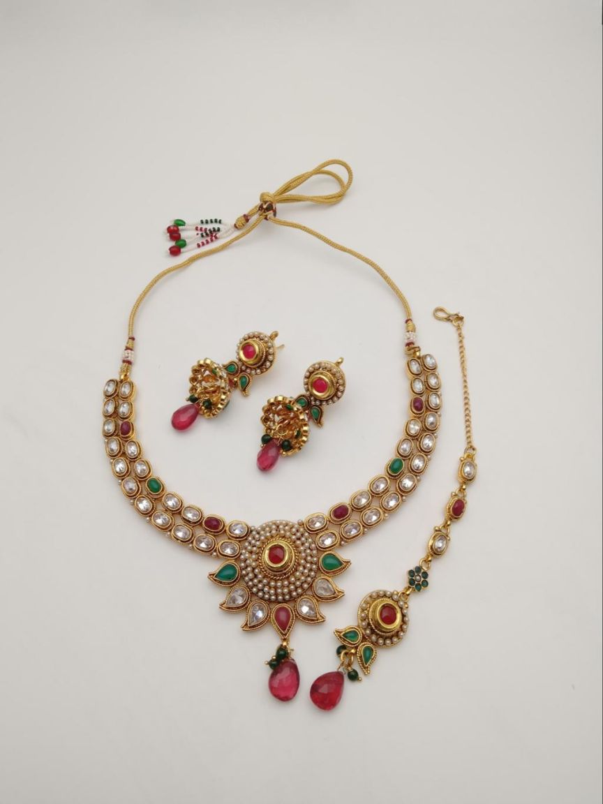 NECKLASE SET IN POLKI (GOLD POLISH) STYLE | DESIGN - 18400