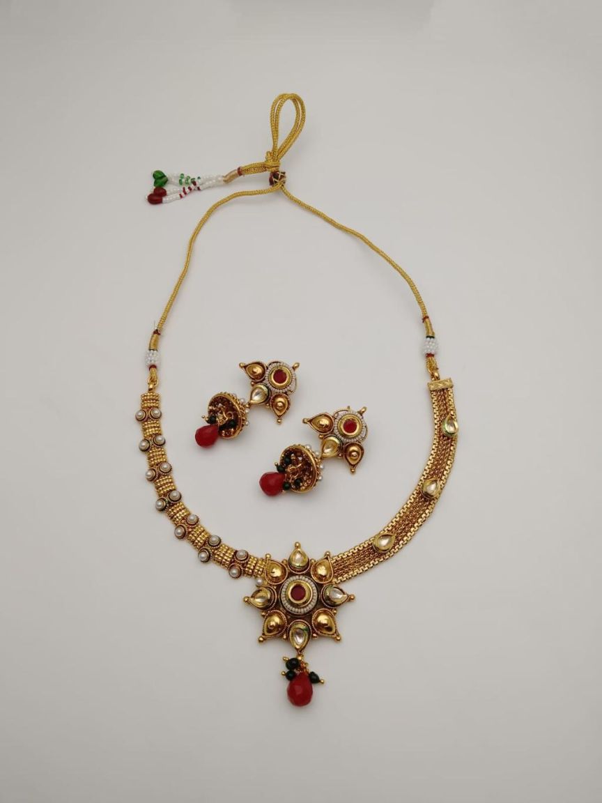 NECKLASE SET IN POLKI (GOLD POLISH) STYLE | DESIGN - 18405