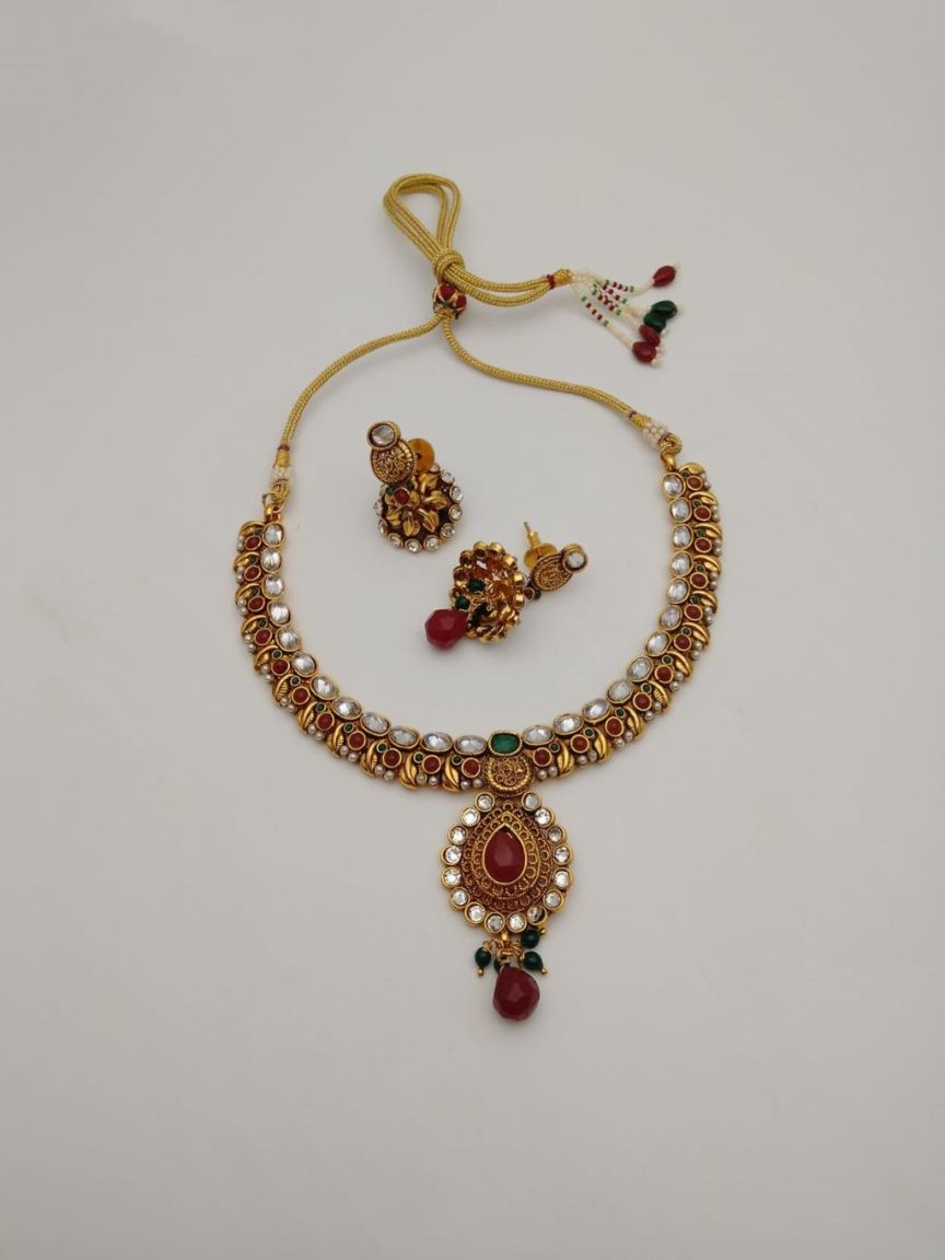 NECKLASE SET IN POLKI (GOLD POLISH) STYLE | DESIGN - 18406