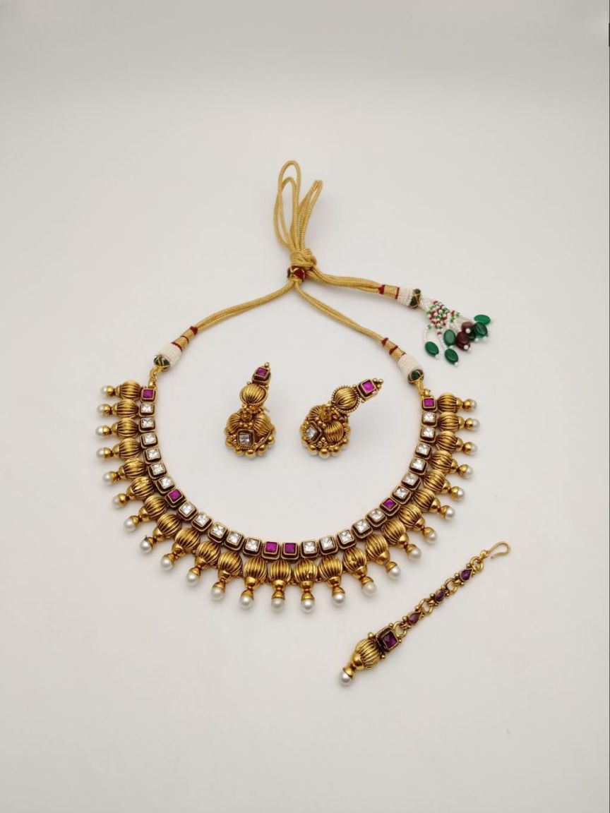 NECKLASE SET IN POLKI (GOLD POLISH) STYLE | DESIGN - 18416