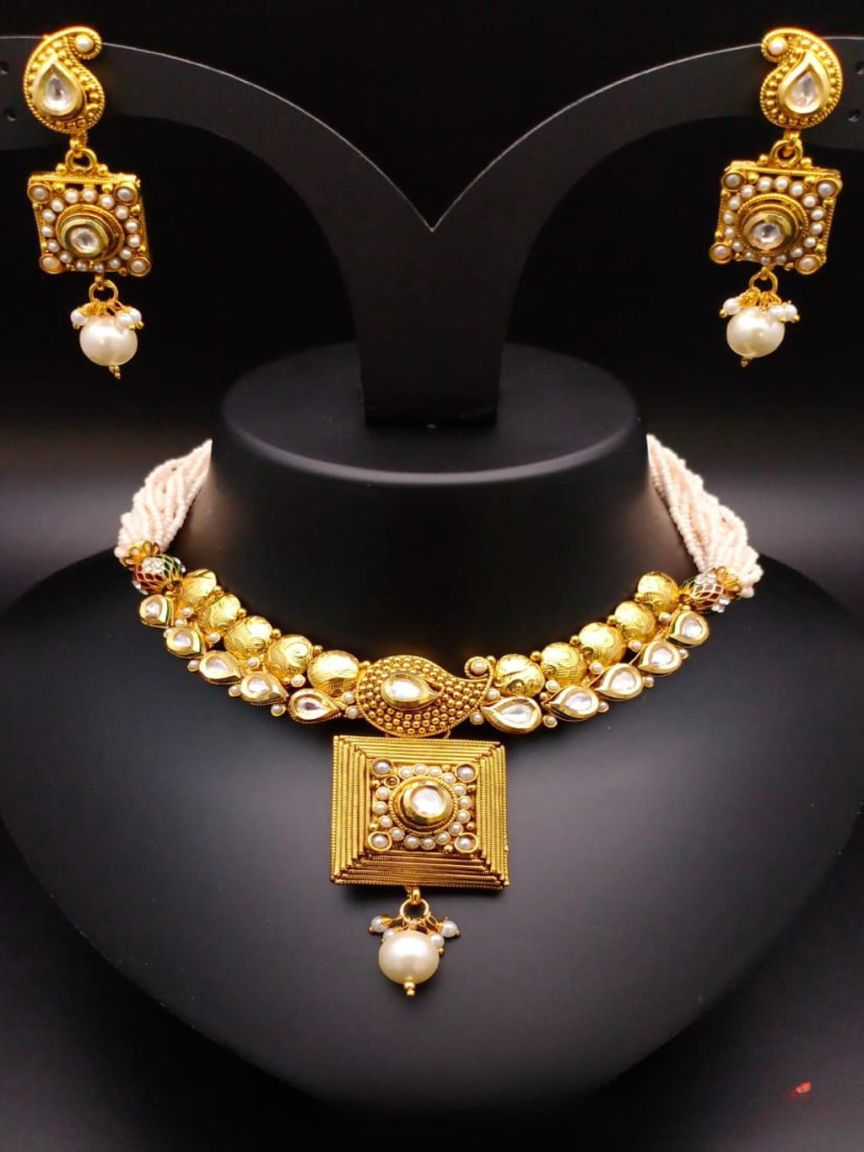 NECKLASE SET IN POLKI (GOLD POLISH) STYLE | DESIGN - 18421