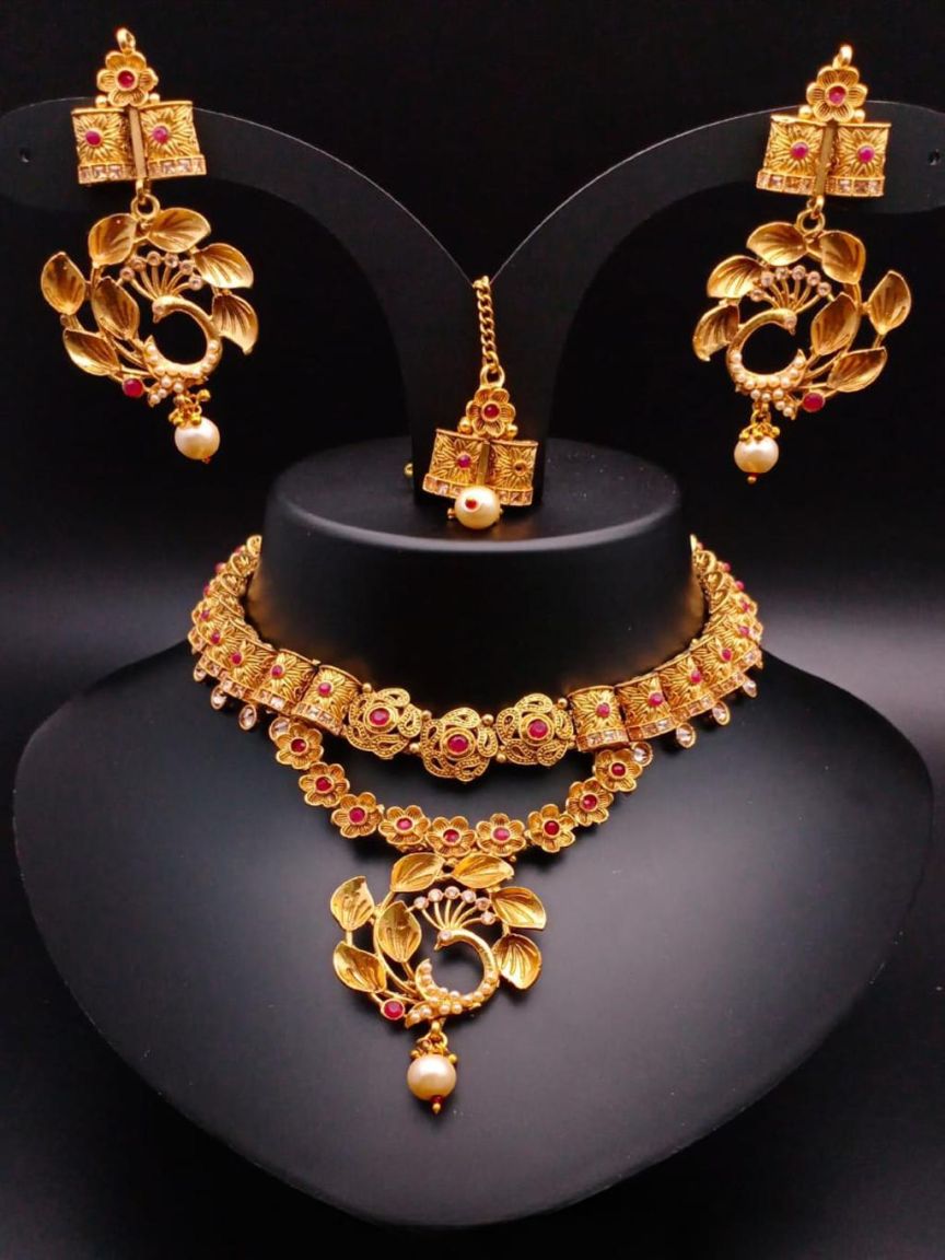NECKLASE SET IN POLKI (GOLD POLISH) STYLE | DESIGN - 18423