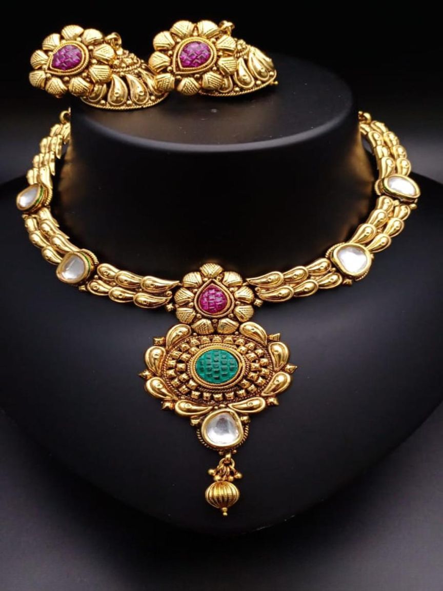 NECKLASE SET IN POLKI (GOLD POLISH) STYLE | DESIGN - 18432