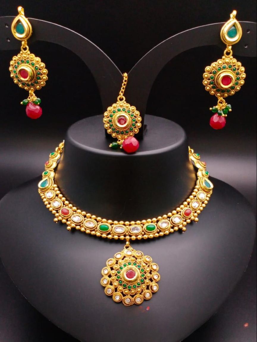 NECKLASE SET IN POLKI (GOLD POLISH) STYLE | DESIGN - 18438