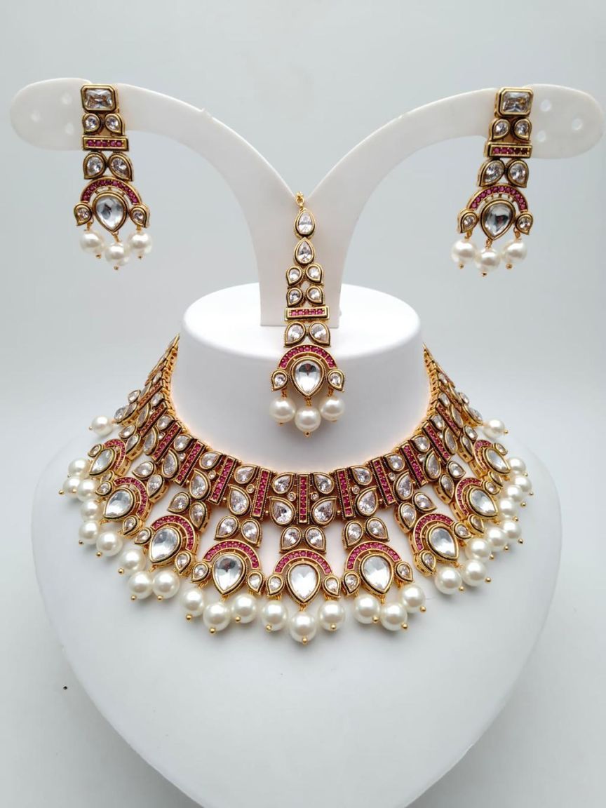 NECKLASE SET IN POLKI (GOLD POLISH) STYLE | DESIGN - 18448