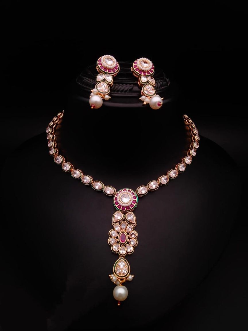 NECKLASE SET IN POLKI (GOLD POLISH) STYLE | DESIGN - 18459