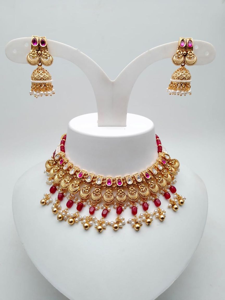 NECKLASE SET IN POLKI (GOLD POLISH) STYLE | DESIGN - 18463