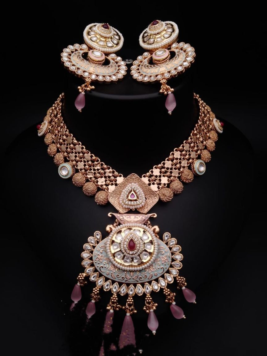 NECKLASE SET IN POLKI (GOLD POLISH) STYLE | DESIGN - 18464