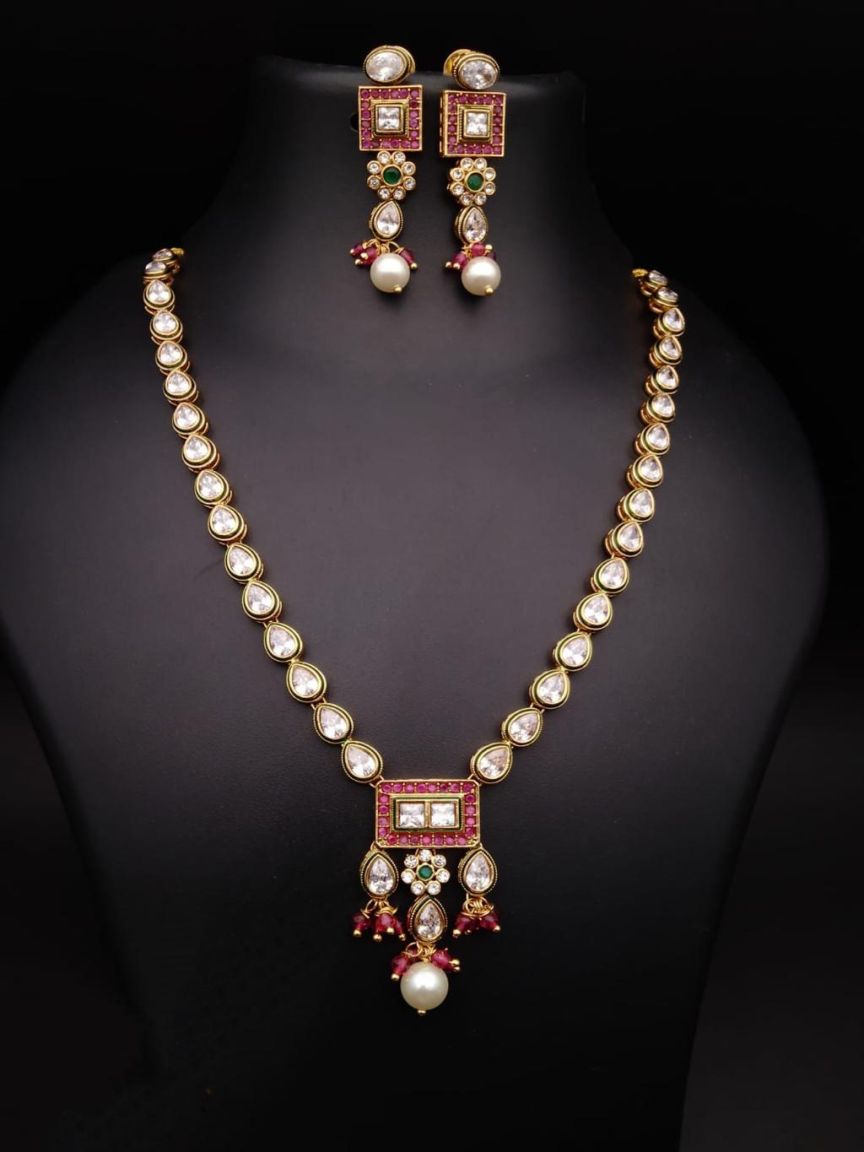 NECKLASE SET IN POLKI (GOLD POLISH) STYLE | DESIGN - 18477
