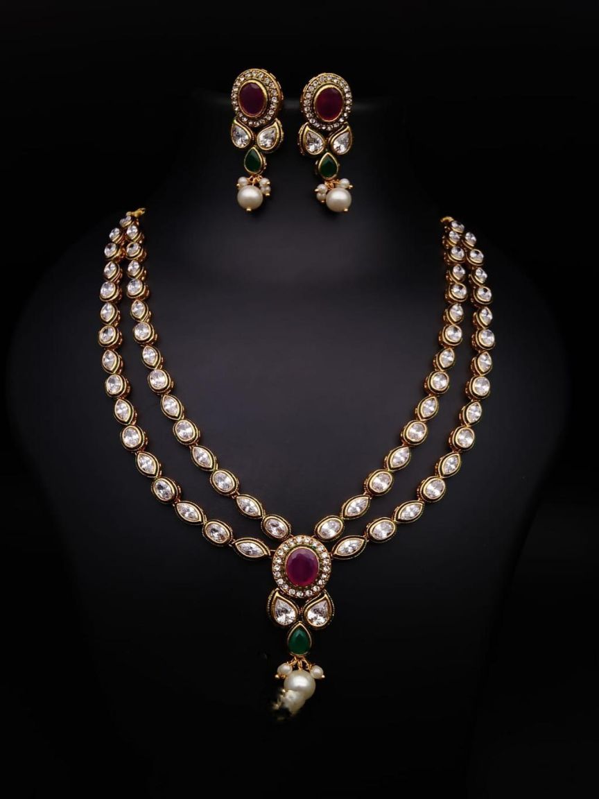 NECKLASE SET IN POLKI (GOLD POLISH) STYLE | DESIGN - 18479