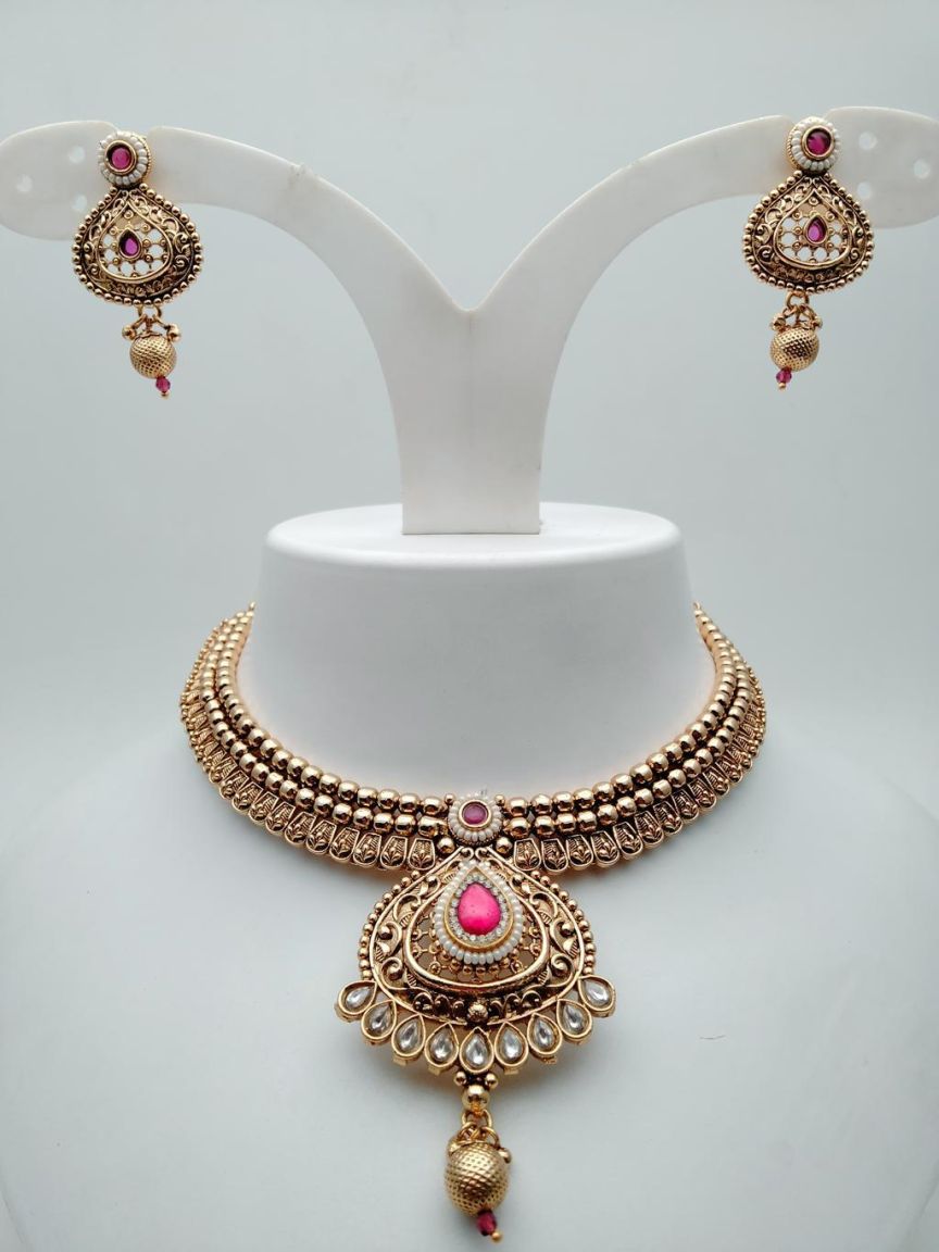 NECKLASE SET IN POLKI (GOLD POLISH) STYLE | DESIGN - 18487