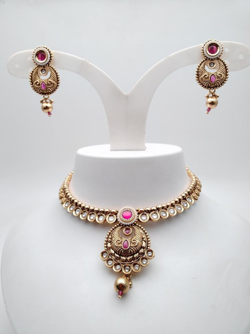 NECKLASE SET IN POLKI (GOLD POLISH) STYLE | DESIGN - 18488