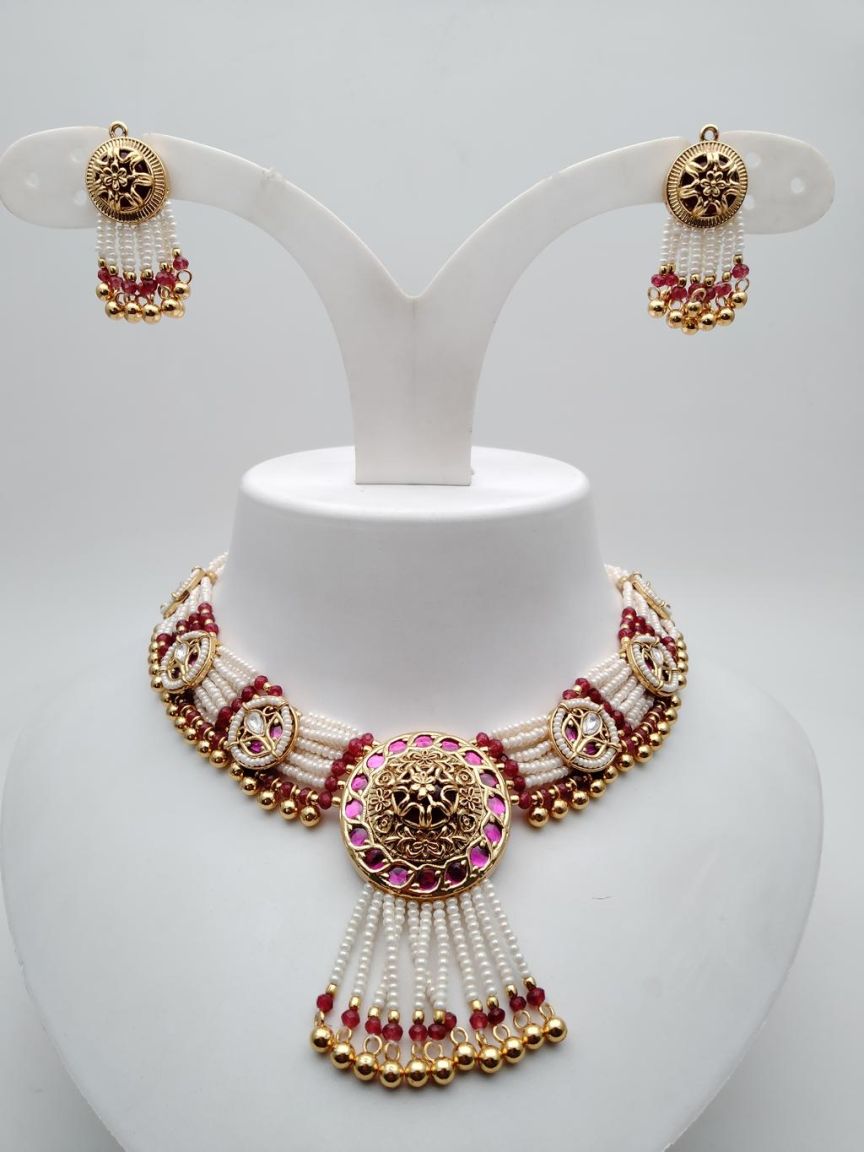 NECKLASE SET IN POLKI (GOLD POLISH) STYLE | DESIGN - 18491