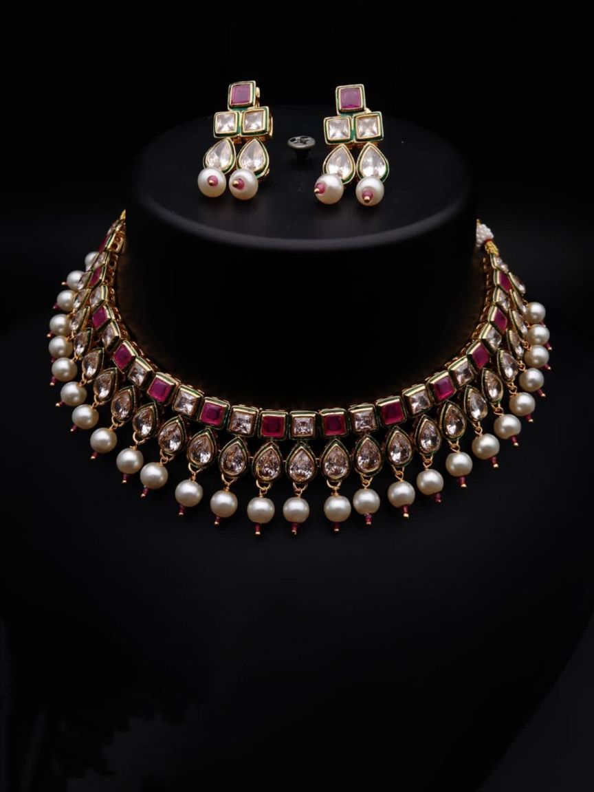 NECKLASE SET IN POLKI (GOLD POLISH) STYLE | DESIGN - 18495
