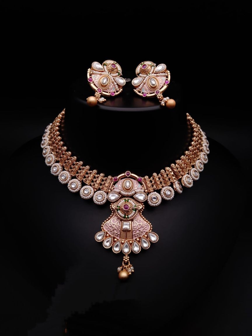 NECKLASE SET IN POLKI (GOLD POLISH) STYLE | DESIGN - 18505