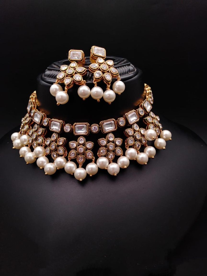 NECKLASE SET IN POLKI (GOLD POLISH) STYLE | DESIGN - 18509