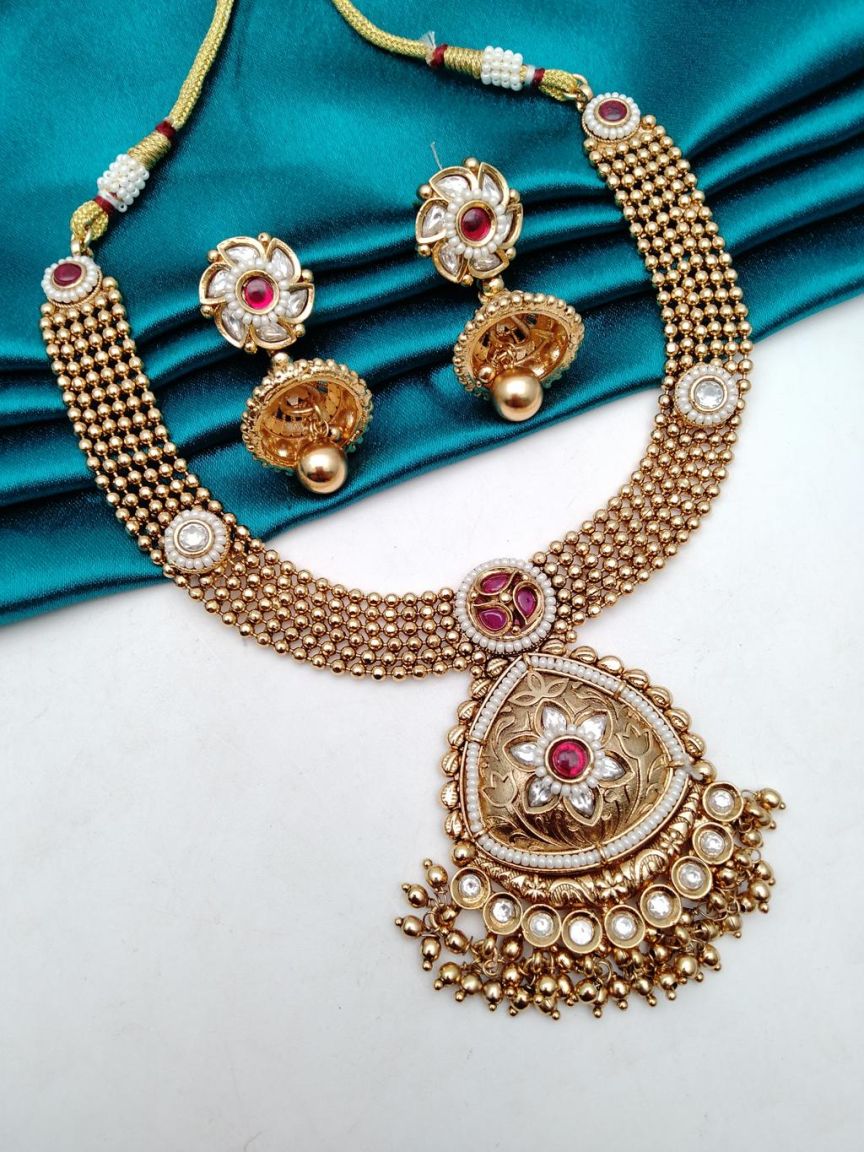 NECKLASE SET IN POLKI (GOLD POLISH) STYLE | DESIGN - 18519