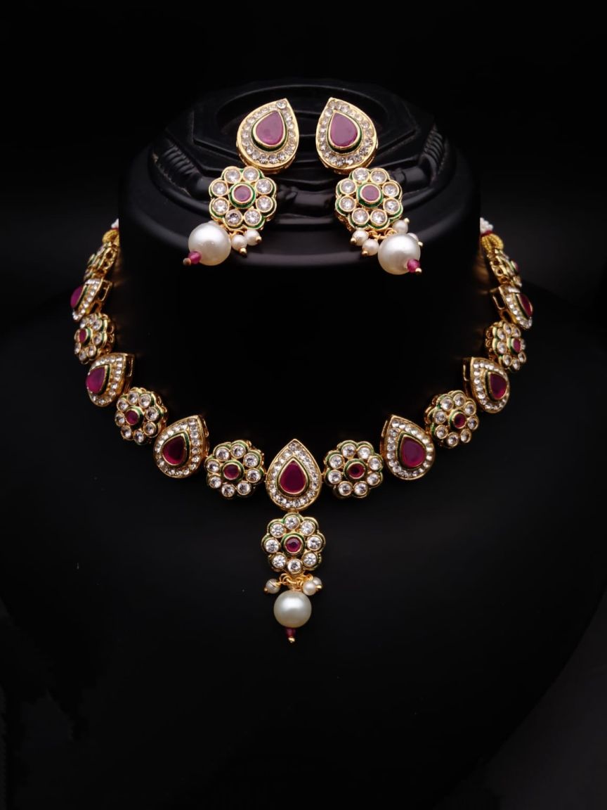 NECKLASE SET IN POLKI (GOLD POLISH) STYLE | DESIGN - 18526