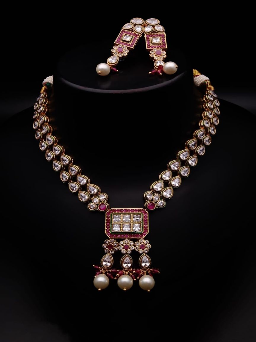 NECKLASE SET IN POLKI (GOLD POLISH) STYLE | DESIGN - 18529