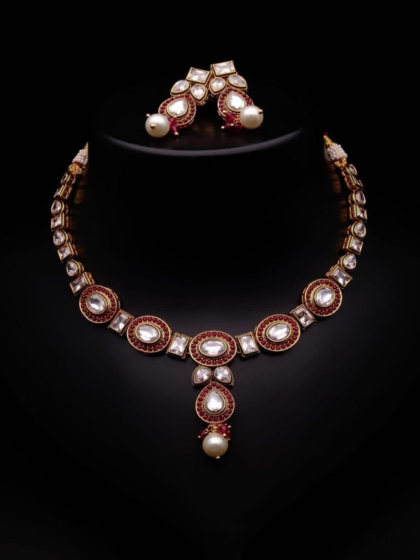 NECKLASE SET IN POLKI (GOLD POLISH) STYLE | DESIGN - 18537