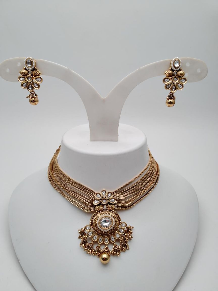 NECKLASE SET IN POLKI (GOLD POLISH) STYLE | DESIGN - 18549