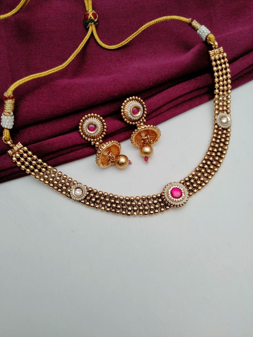NECKLASE SET IN POLKI (GOLD POLISH) STYLE | DESIGN - 18551