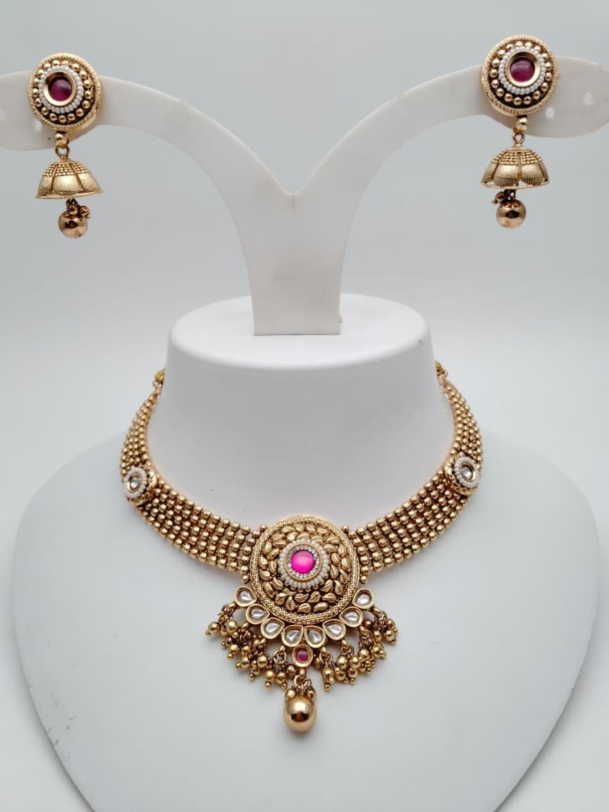 NECKLASE SET IN POLKI (GOLD POLISH) STYLE | DESIGN - 18572