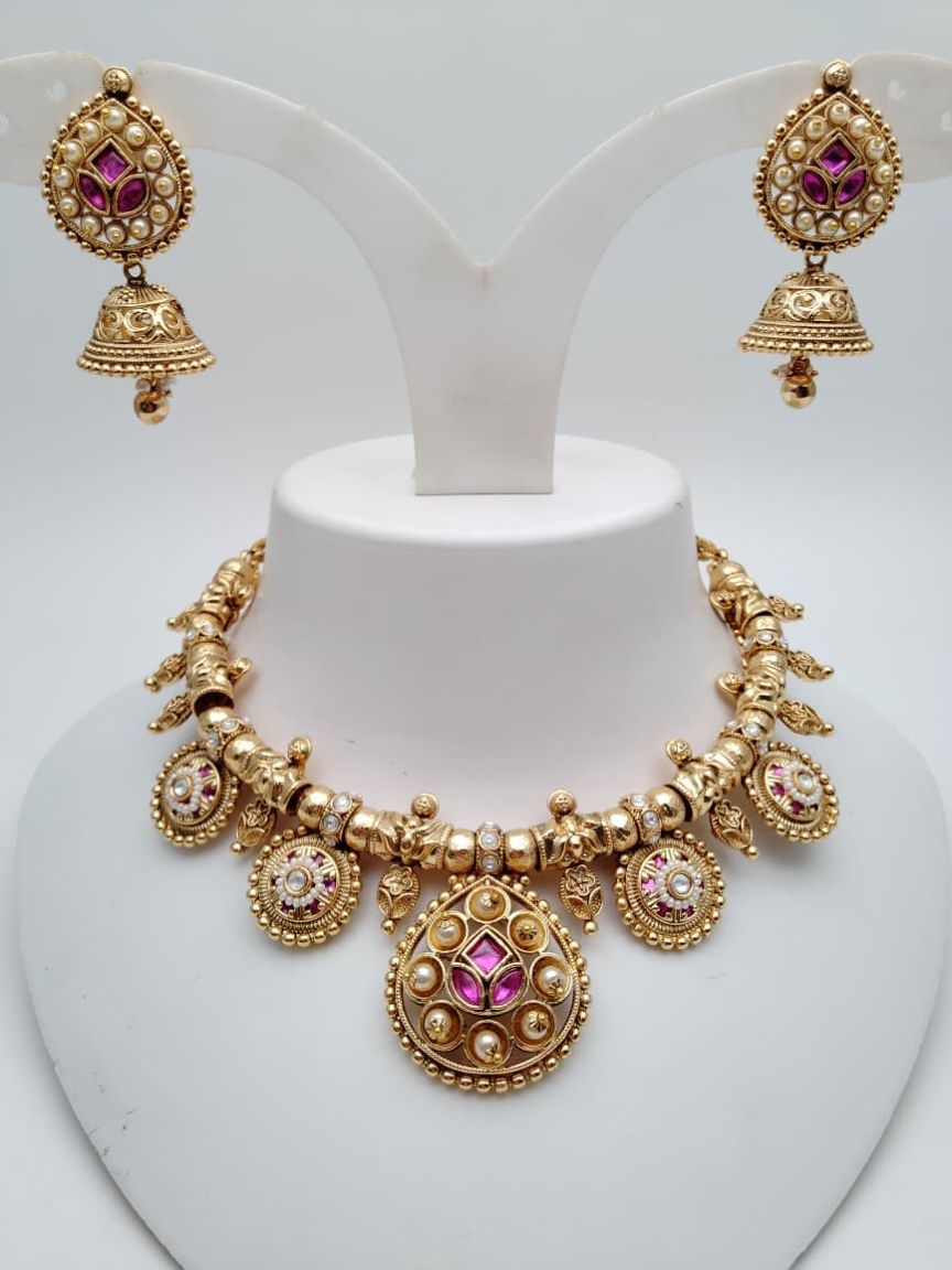 NECKLASE SET IN POLKI (GOLD POLISH) STYLE | DESIGN - 18577