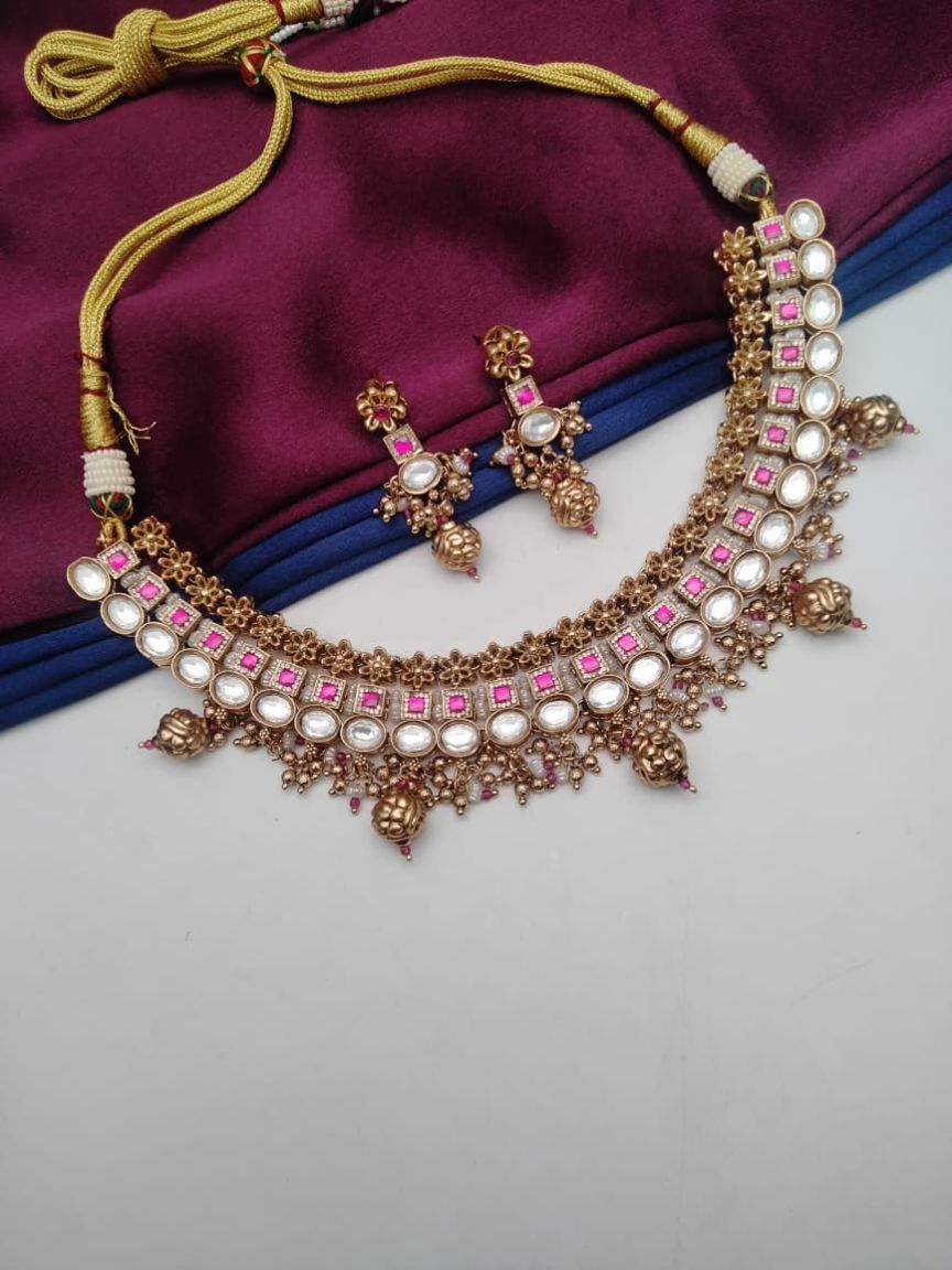 NECKLASE SET IN POLKI (GOLD POLISH) STYLE | DESIGN - 18583