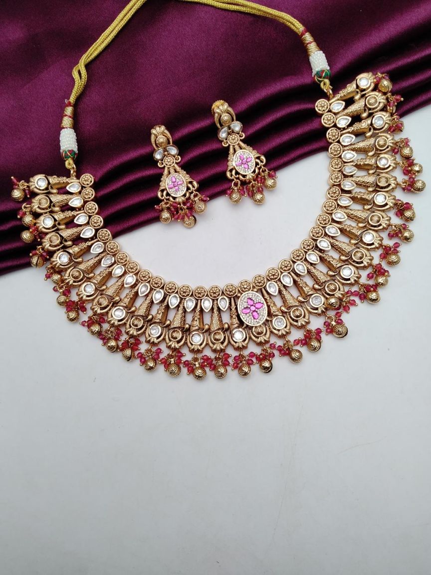 NECKLASE SET IN POLKI (GOLD POLISH) STYLE | DESIGN - 18589