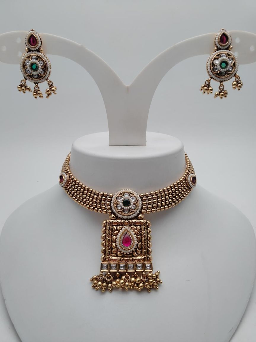 NECKLASE SET IN POLKI (GOLD POLISH) STYLE | DESIGN - 18591
